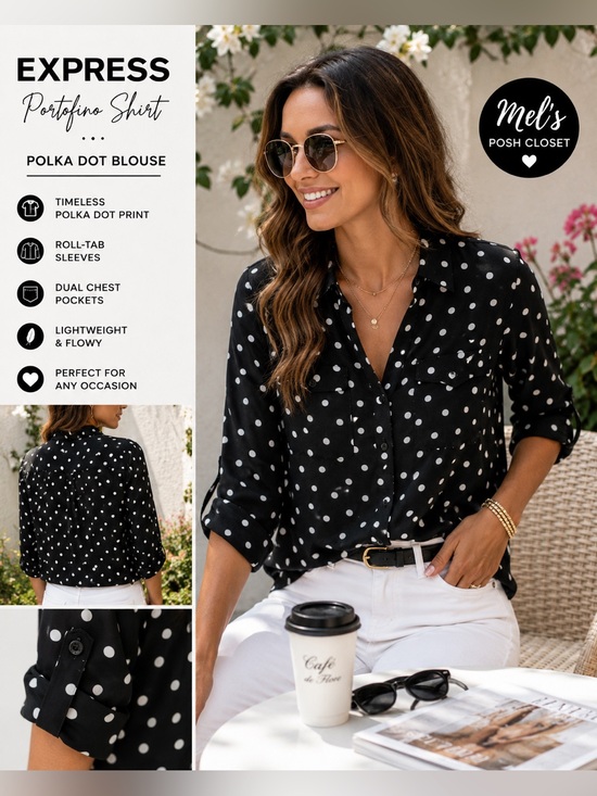 Express Tops - Express Portofino Black White Polka Dot Blouse | Chic Parisian Style Top
